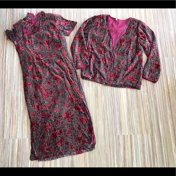 Burgundy Rose Floral Velvet High Neck Dress with Long Sleeve Jacket - Picture 2 of 4